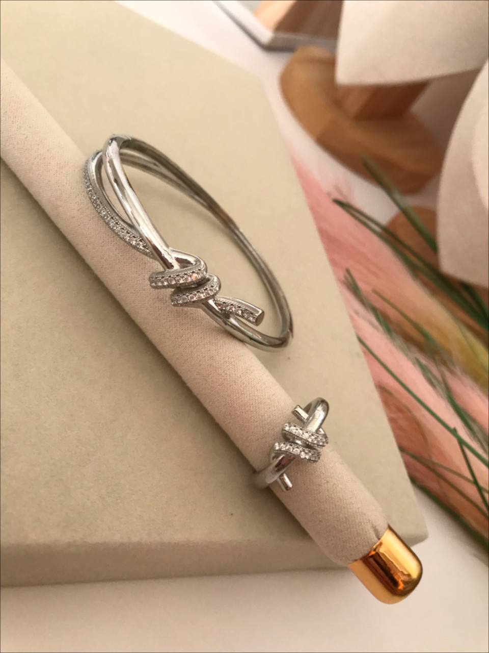 knot double-layer diamond bracelet & ring set