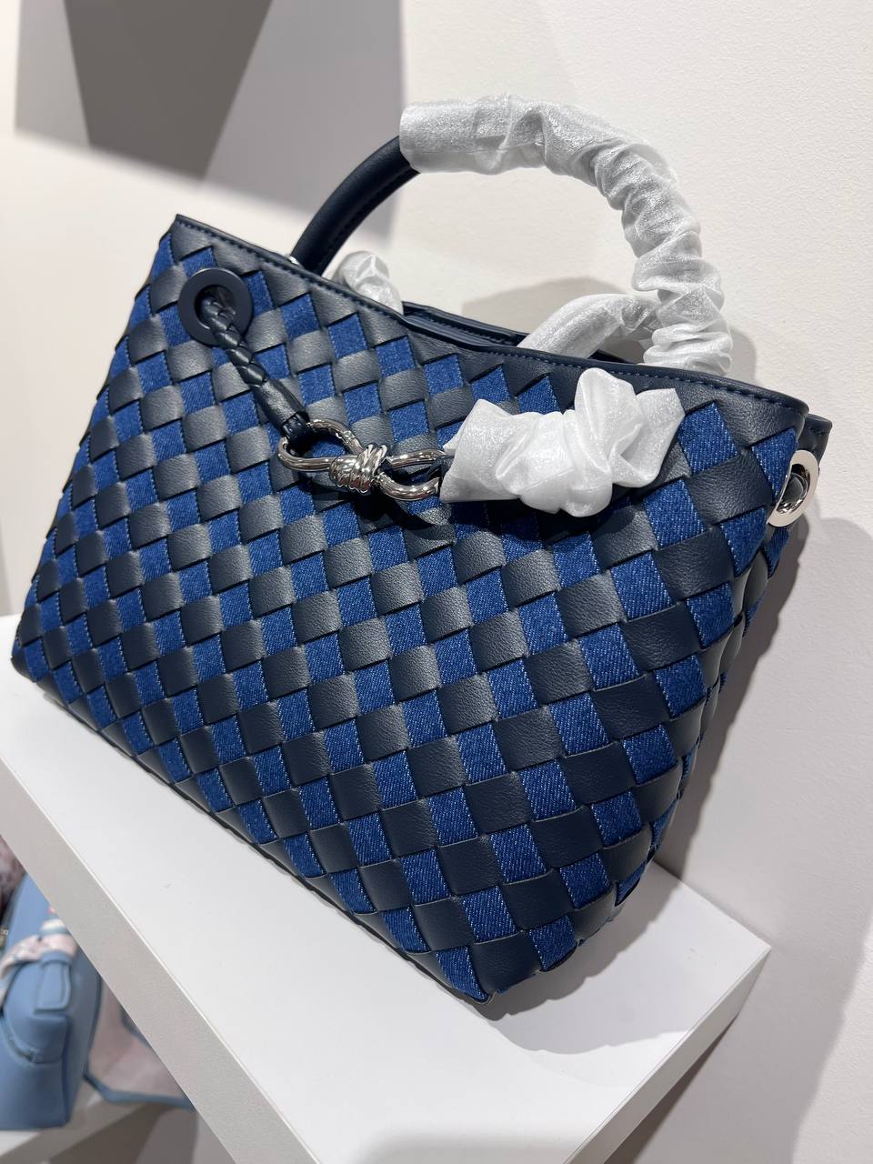 Woven Denim & Leather Bag – Navy